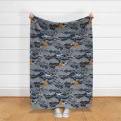 Cozy Night Sky with Planes Large- Full Moon and Stars Over the Clouds- Navy Blue- Indigo- Gold- Mustard- Home Decor- Wallpaper