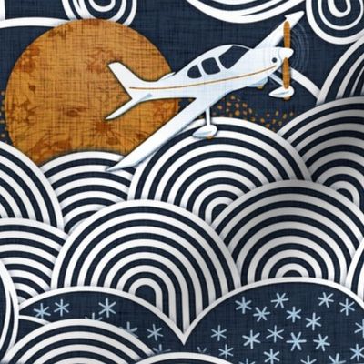 Cozy Night Sky with Planes Large- Full Moon and Stars Over the Clouds- Navy Blue- Indigo- Gold- Mustard- Home Decor- Wallpaper