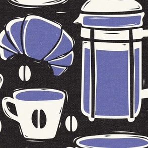 French Café - Block Print Coffee Black Periwinkle Large Scale