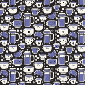 French Café - Block Print Coffee Black Periwinkle Small Scale
