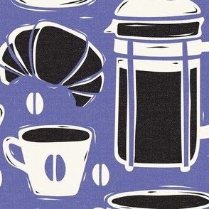 French Café - Block Print Coffee Periwinkle Black Large Scale