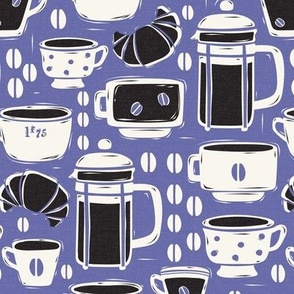 French Café - Block Print Coffee Periwinkle Black Regular Scale