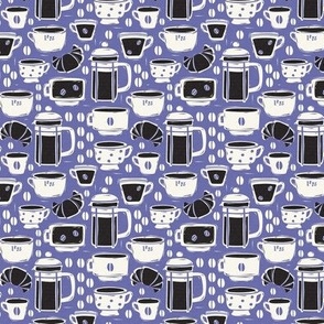 French Café - Block Print Coffee Periwinkle Black Small Scale