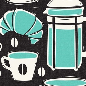 French Café - Block Print Coffee Black Aqua Large Scale