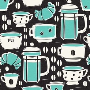 French Café - Block Print Coffee Black Aqua Regular Scale