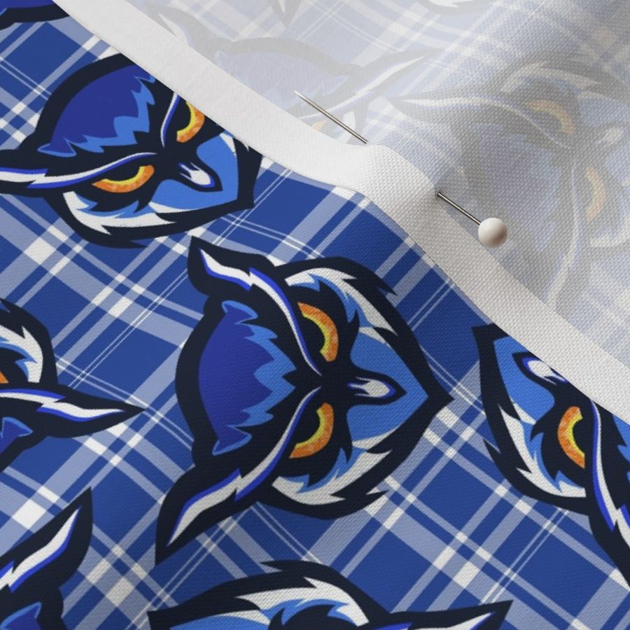 blue and white owls on plaid