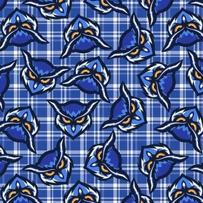 blue and white owls on plaid