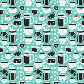 French Café - Block Print Coffee Aqua Black Small Scale