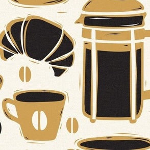 French Café - Block Print Coffee Ivory Golden Yellow Large Scale