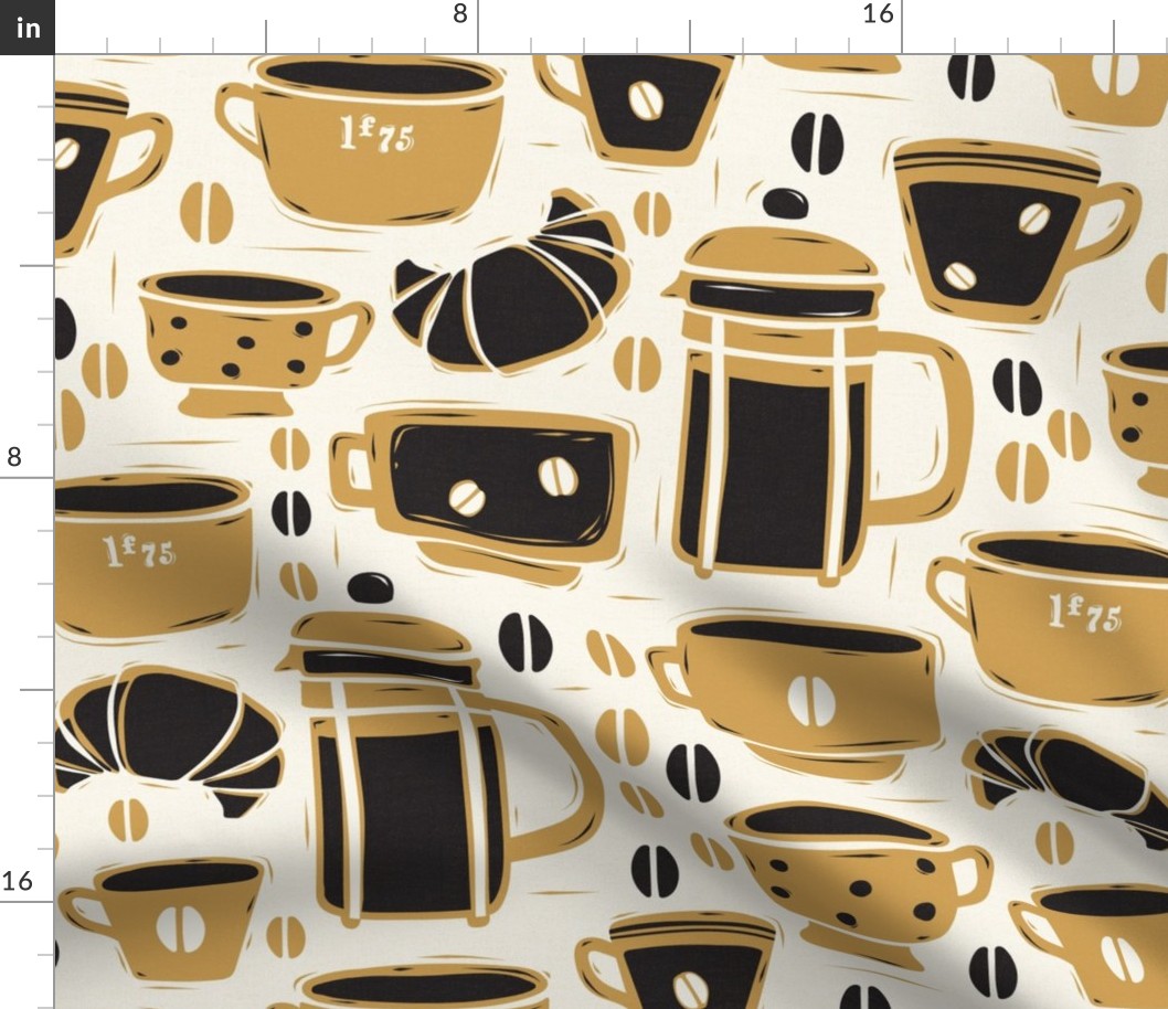 French Café - Block Print Coffee Ivory Golden Yellow Large Scale