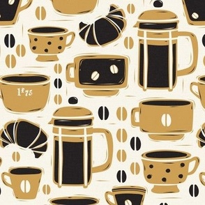 French Café - Block Print Coffee Ivory Golden Yellow Regular Scale