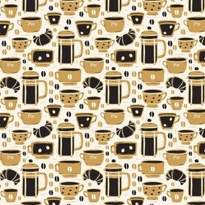 French Café - Block Print Coffee Ivory Golden Yellow Small Scale