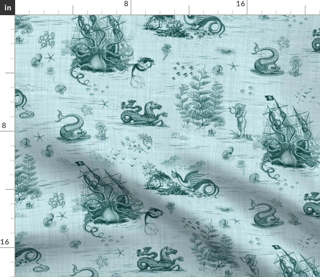 TOILE DE MER 1 - TEAL ON LIGHT BLUE LINEN