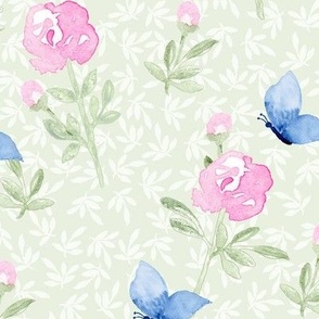 Large Pink Roses Buds and Blue Butterflies on Pale Green and Foliage
