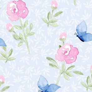 Pink Roses Buds and Blue Butterflies on Pale Blue and Foliage