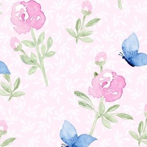 Large Pink Roses Buds and Blue Butterflies on Pale Pink and Foliage