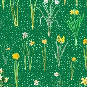 Daffodils and polka dots on green ground