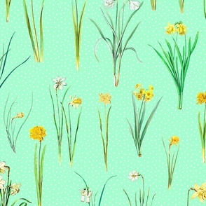 Daffodils and polka dots on mint ground