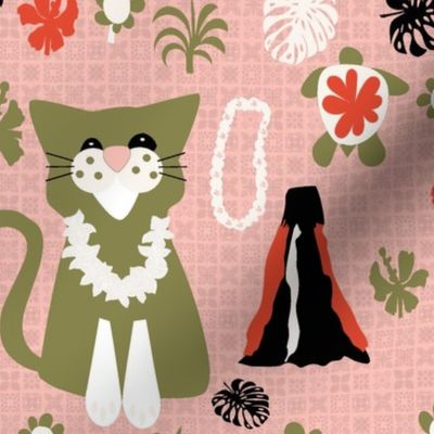 Hawaii Cats - Pink Red Green with white lei