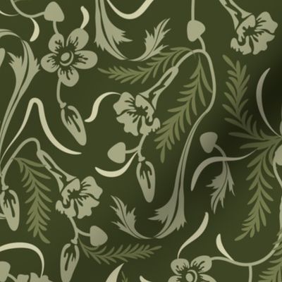 Nouveau Lunar Florals- Bengal Clockvine- Olive Green- Regular Scale