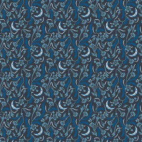 Nouveau Lunar Florals- Bengal Clockvine- Blue Charcoal- Small Scale