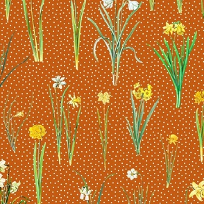 Daffodils meadow dots S auDaffodils and polka dots on autumn brown groundtumn brown