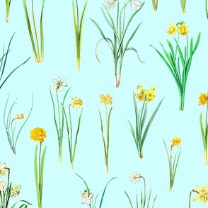 Daffodils and polka dots on ice blue ground