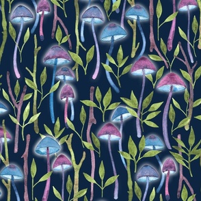 Whimsical Mushroom Forest - on navy - large