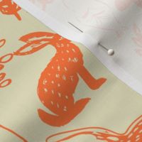 Adventure block print Coral with bunnies woodland animals