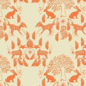 Adventure block print Coral with bunnies woodland animals