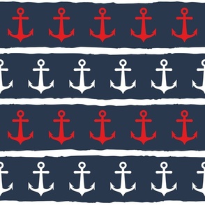 Large scale nautical anchors navy blue white red striped pattern