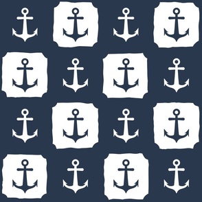 Large scale nautical anchor navy blue and white checkered plaid