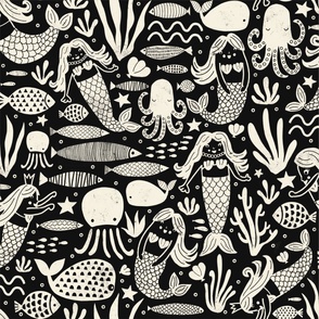 Large Mermaids Fish Block Print Black White