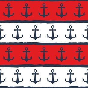 Large scale nautical striped red white navy blue anchors 