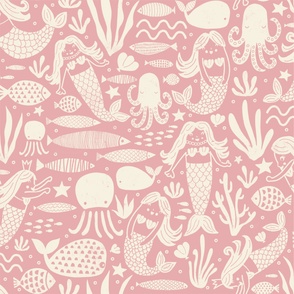 Large Mermaids Fish Block Print Pink