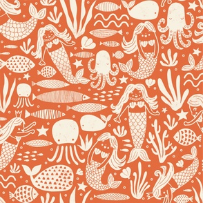 Large Mermaids Fish Block Print - Orange Brown