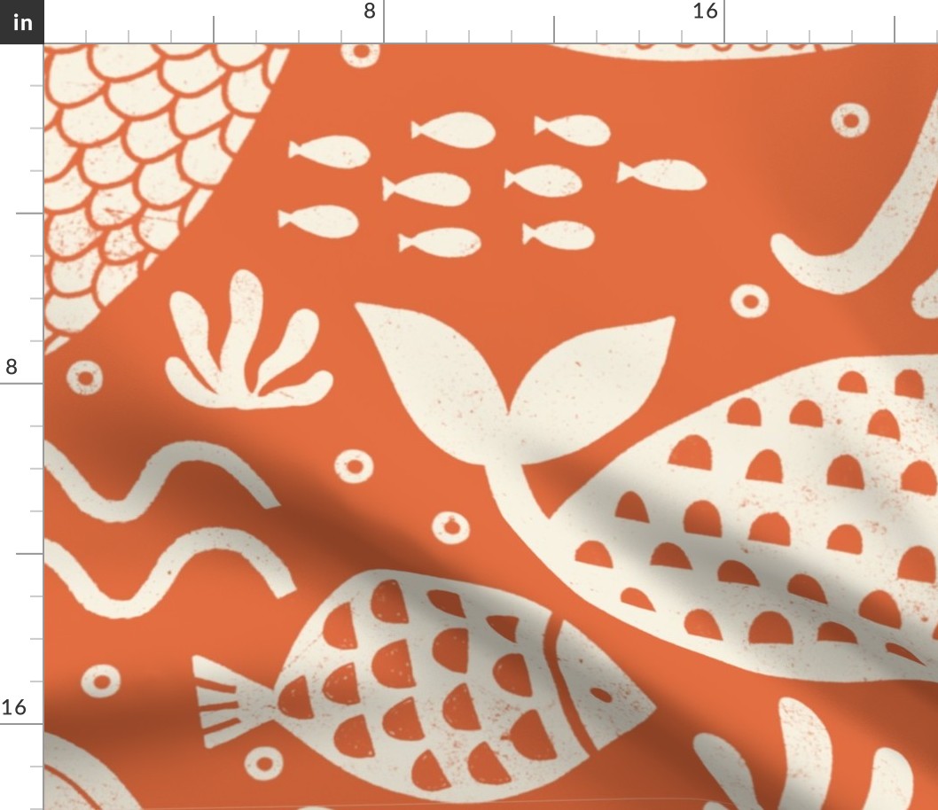 Large Mermaids Fish Block Print - Orange Brown