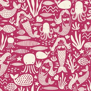 Large Mermaids Fish Block Print Berry