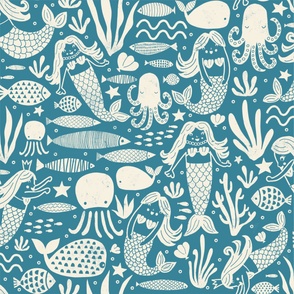 Large Mermaids Fish Block Print Teal