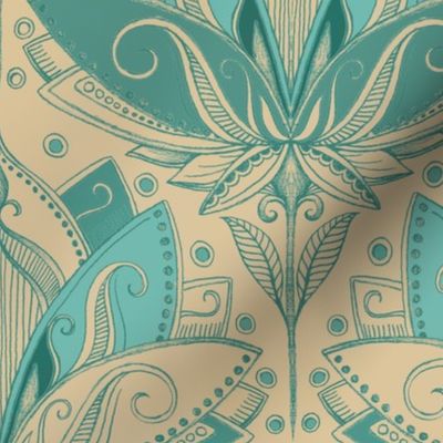 Tan, Sage and Turquoise  Art Nouveau Lotus Lace