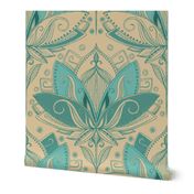 Tan, Sage and Turquoise  Art Nouveau Lotus Lace