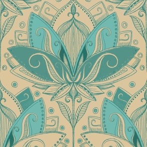 Tan, Sage and Turquoise  Art Nouveau Lotus Lace