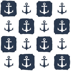 Large scale nautical anchor white and navy blue checkered plaid