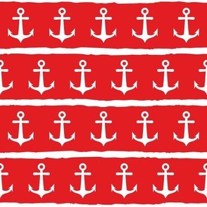 Large scale red and white nautical anchor and stripes pattern