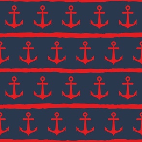 Large scale nautical anchors navy blue and red striped pattern