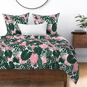 Dark green and pink tropical leaves large scale