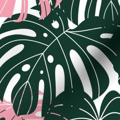 Dark green and pink tropical leaves large scale
