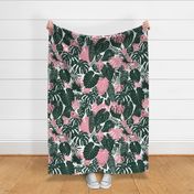 Dark green and pink tropical leaves large scale