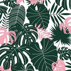 Dark green and pink tropical leaves large scale