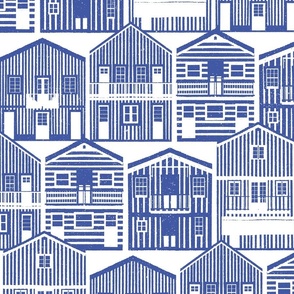 Large jumbo scale // Monochromatic Portuguese houses // white background electric blue Costa Nova inspired houses